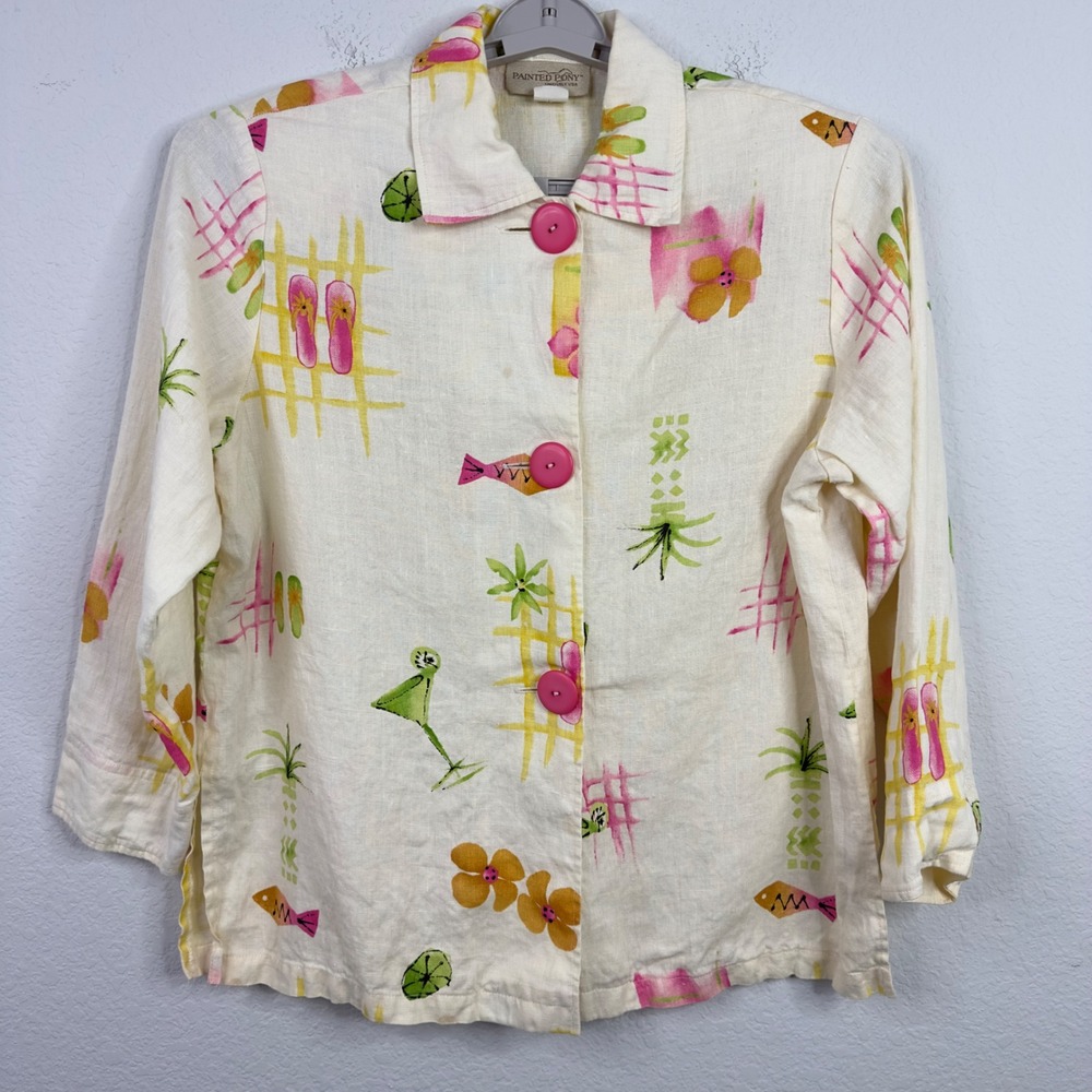 Painted‎ Pony Shirt Womens XL Linen Tropical Coastal Boho Retro Vacation Resort
